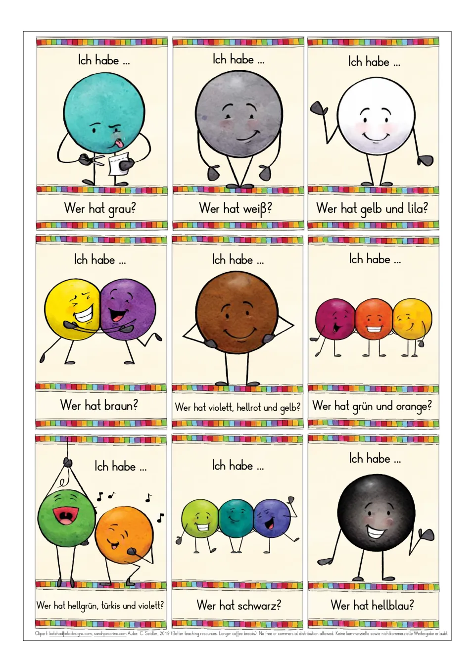German color game cards 9–17: türkis (turquoise), grau (gray), weiß (white), and six more color cards