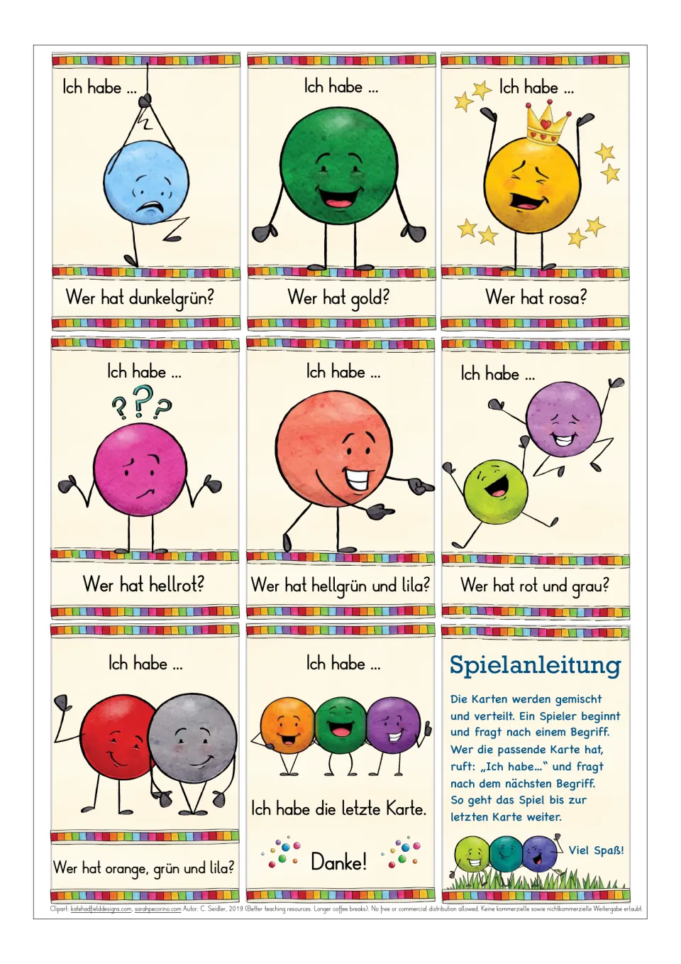 German color game cards 18–25: hellblau (light blue), dunkelgrün (dark green), six more, and directions