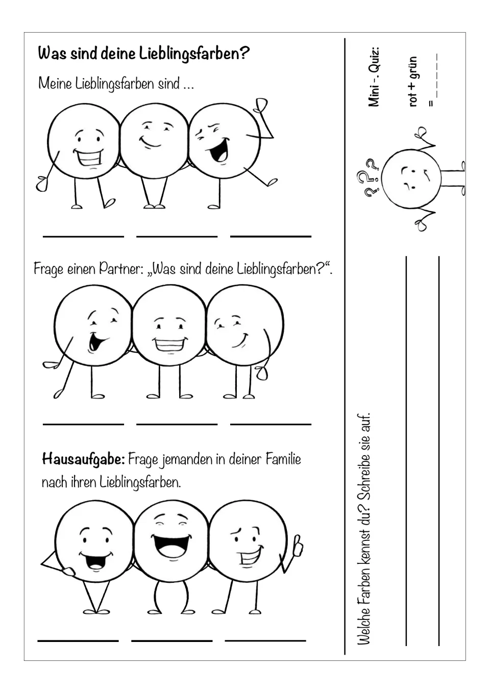 German favorite-colors worksheet: record your own, a partner's, and a family member's colors; name more colors
