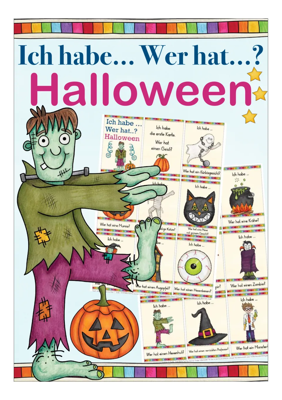 German Halloween card game cover titled “Ich habe… Wer hat…?” (I have… Who has?), with sample cards