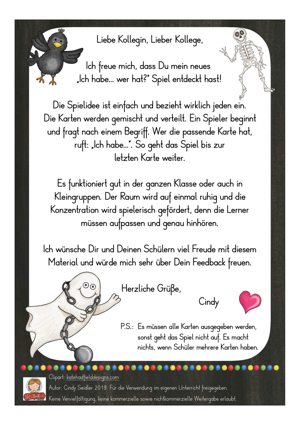 Teacher directions for the German Halloween game: shuffle, deal all cards, and respond with “Ich habe…”