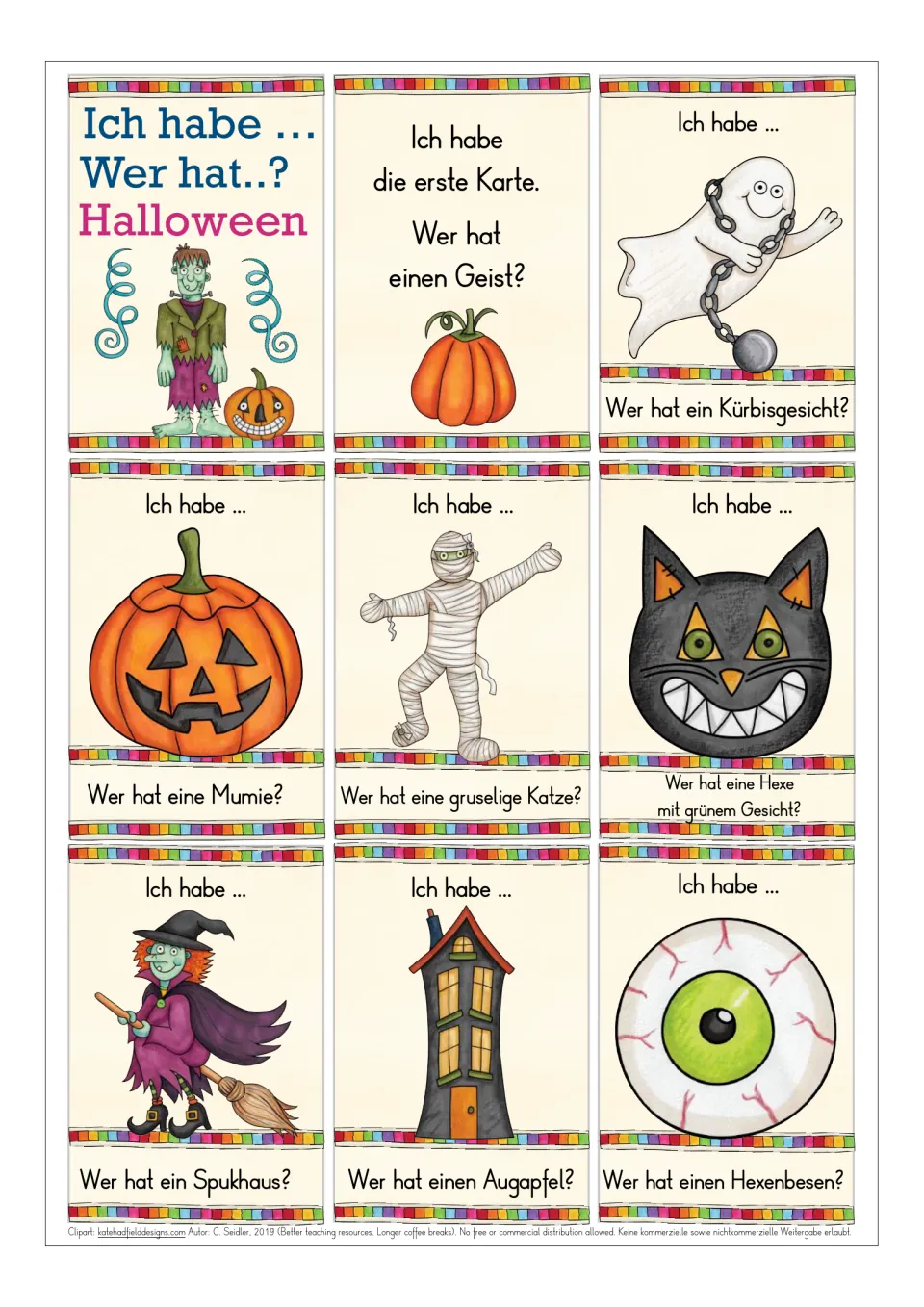 German Halloween playing cards 1–8: start, ghost, jack-o’-lantern, mummy, cat, witch, haunted house, eyeball