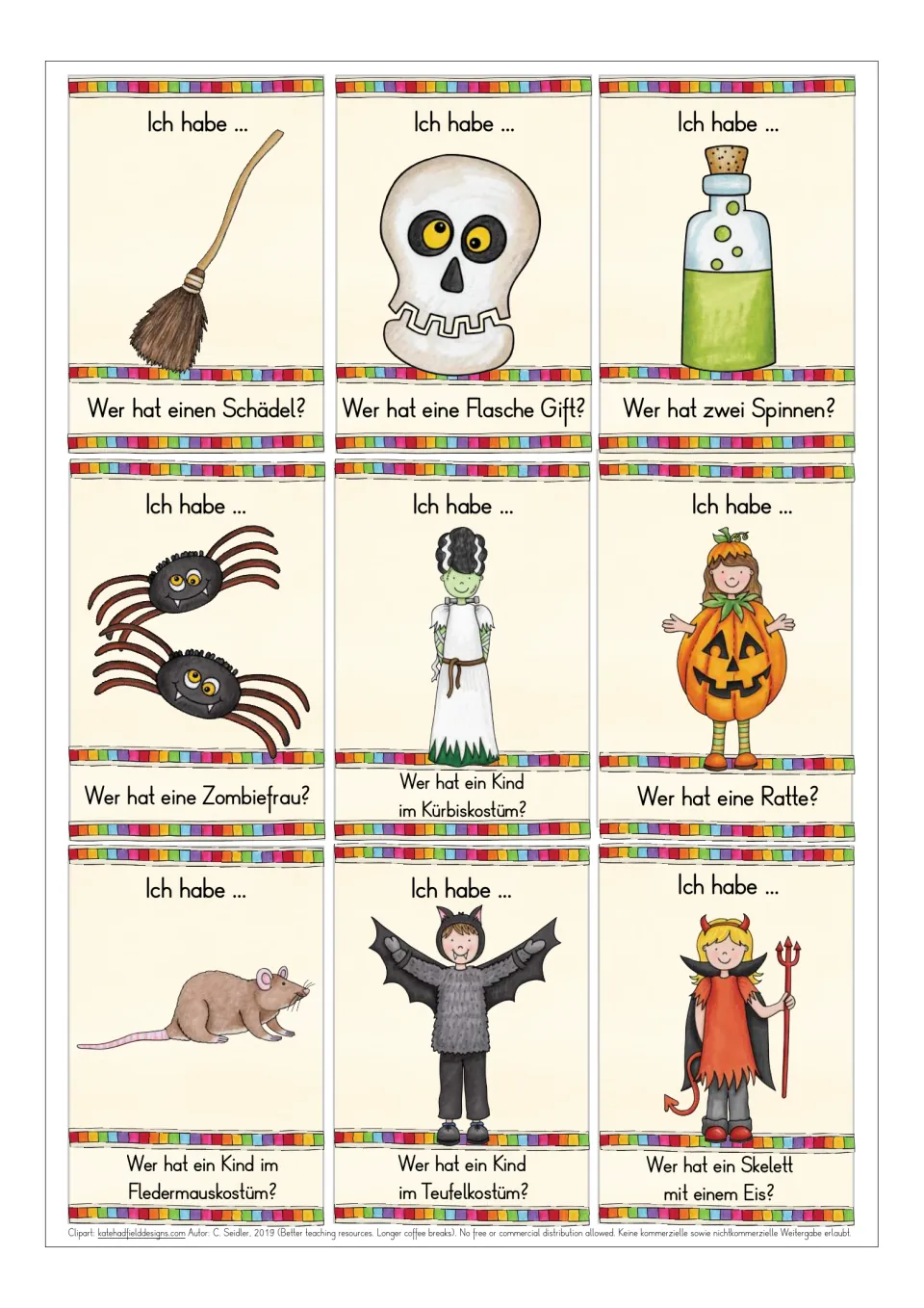German Halloween playing cards 9–17: broom, skull, poison bottle, two spiders, zombie woman and four more