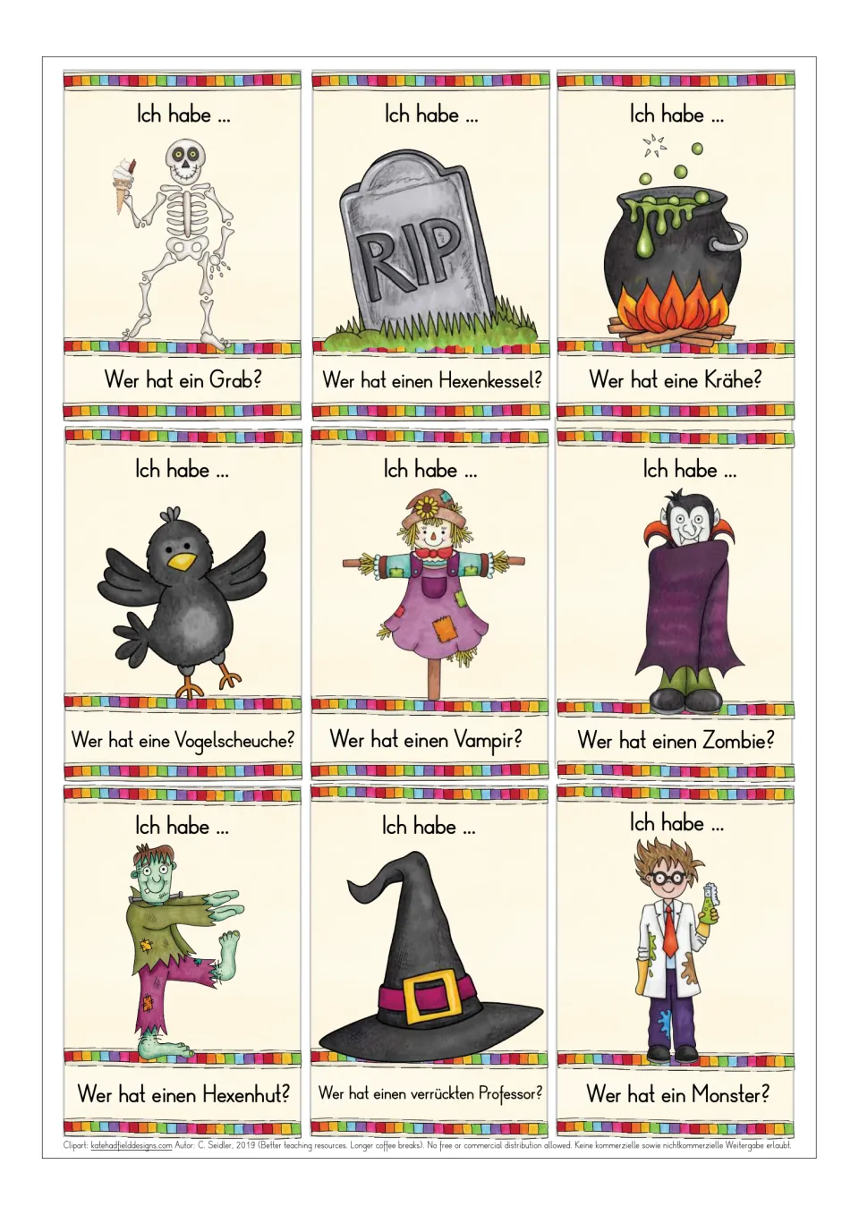 German Halloween playing cards 18–26: skeleton with ice cream, grave, cauldron, crow and five more
