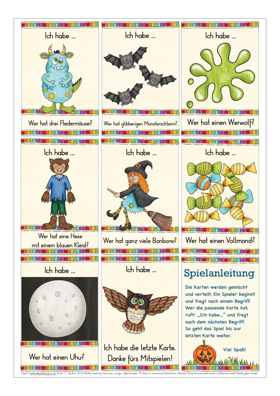 German Halloween playing cards 27–34: monster, bats, slime, werewolf, witch, candy, moon, owl; directions