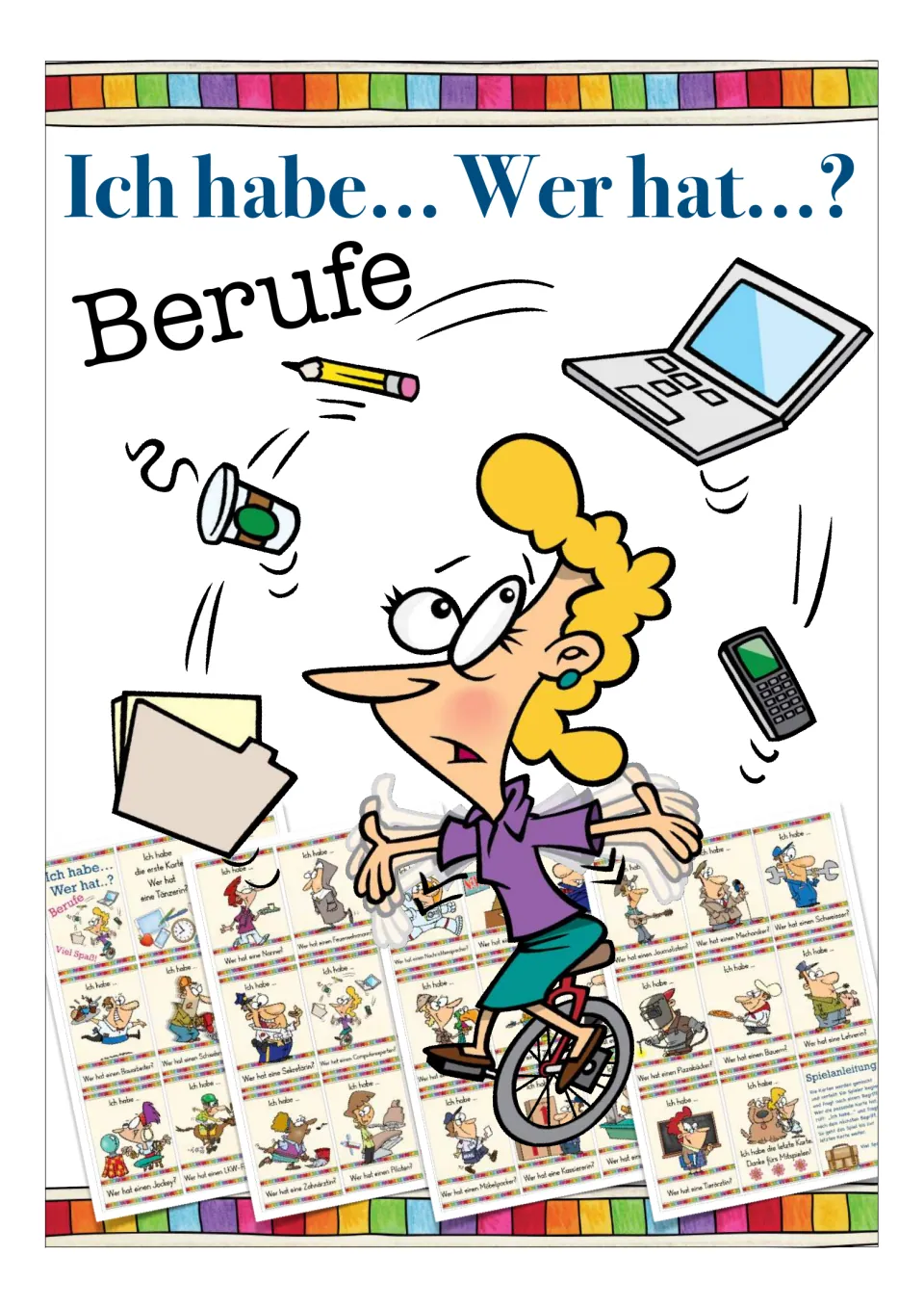 Cover of the German jobs card game, titled “Ich habe... Wer hat...?” (I have... Who has...?) and “Berufe” (jobs)