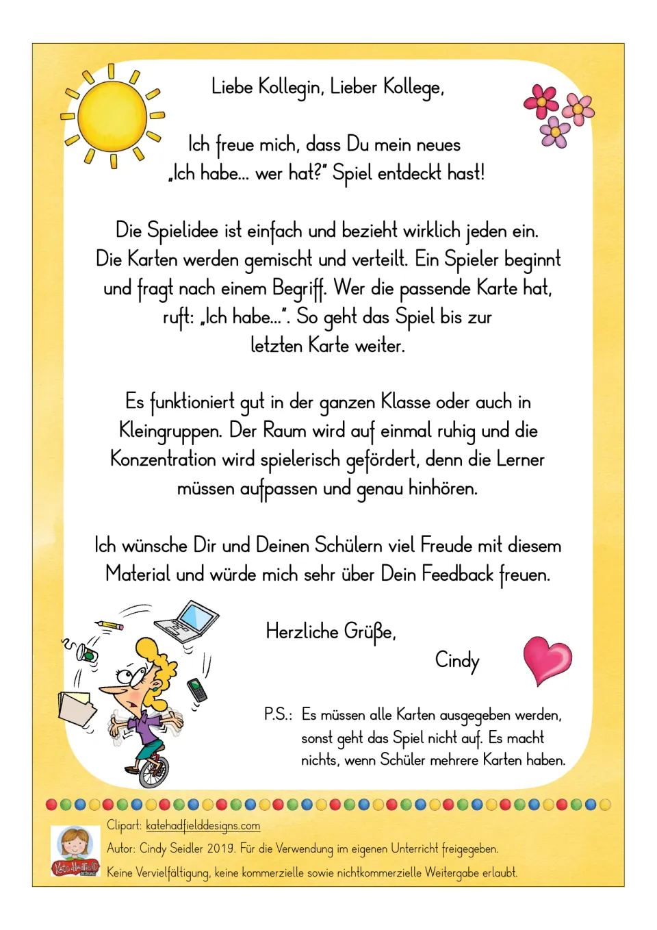 Teacher directions for the German jobs game: shuffle, distribute all cards, and listen for matching job terms