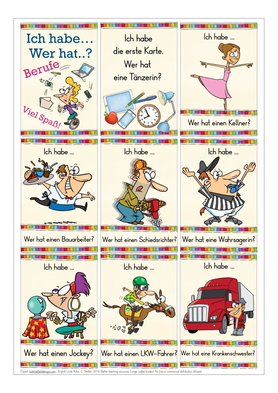 First German jobs card sheet: title, starting card, and seven jobs, including Tänzerin (dancer) and Kellner (waiter)