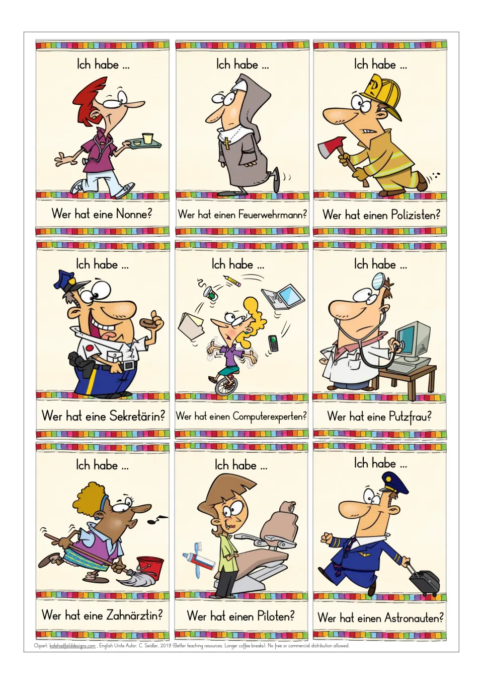 German jobs cards showing a nurse, nun, firefighter, police officer, secretary, computer expert, cleaner, dentist, pilot