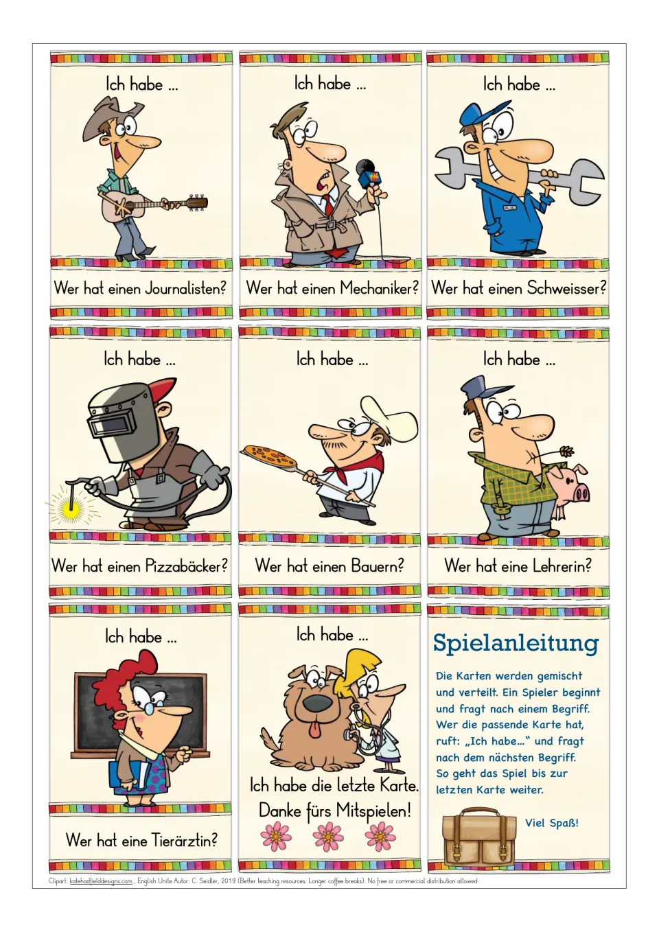 Final German jobs sheet: eight occupation cards, including Sänger (singer) and Tierärztin (veterinarian), plus rules