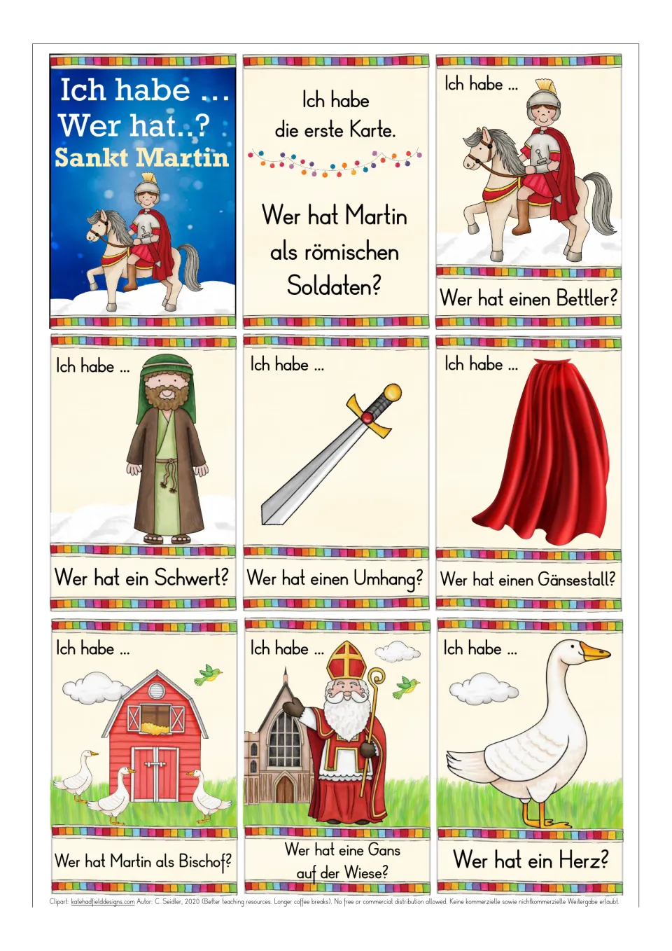 German game cards 1–8: starting card, Martin as a soldier, beggar, sword, cloak, goose barn, bishop, and goose