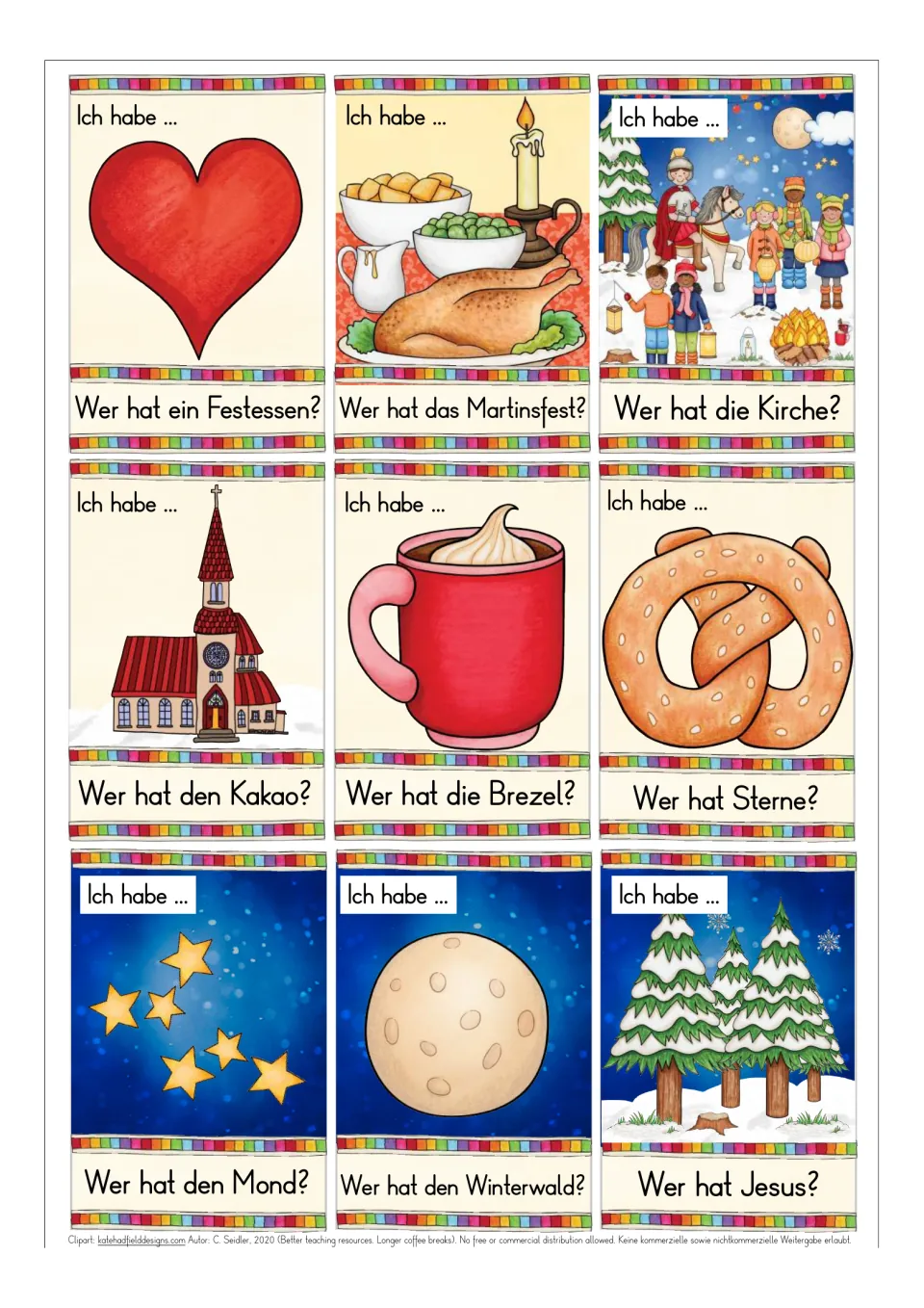 German game cards 9–17: heart, feast, Martin festival, church, cocoa, pretzel, stars, moon, and winter forest