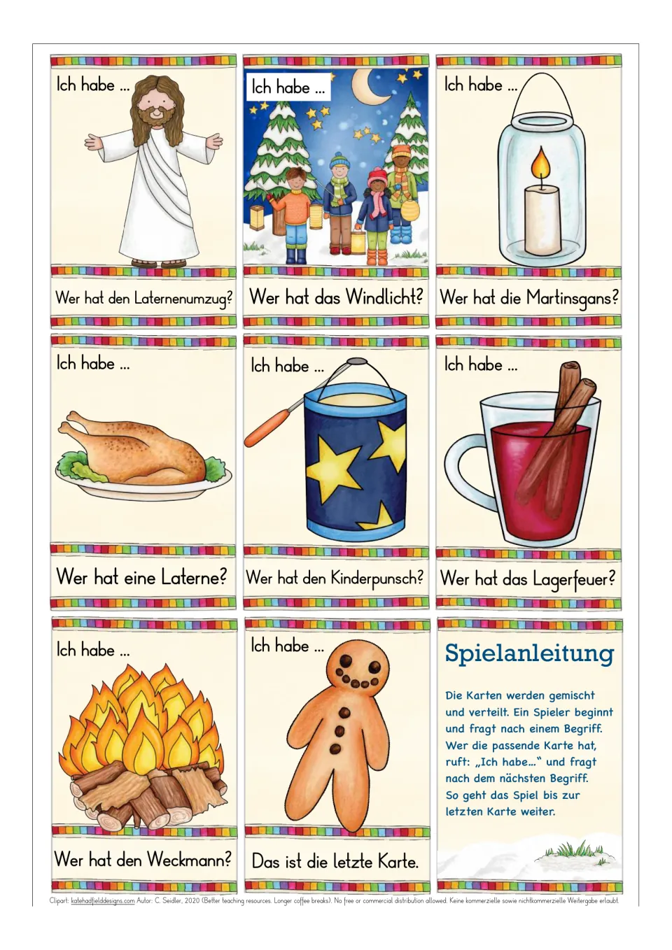 German game cards 18–25 include Jesus, a lantern procession, and Weckmann (bread man), plus game instructions