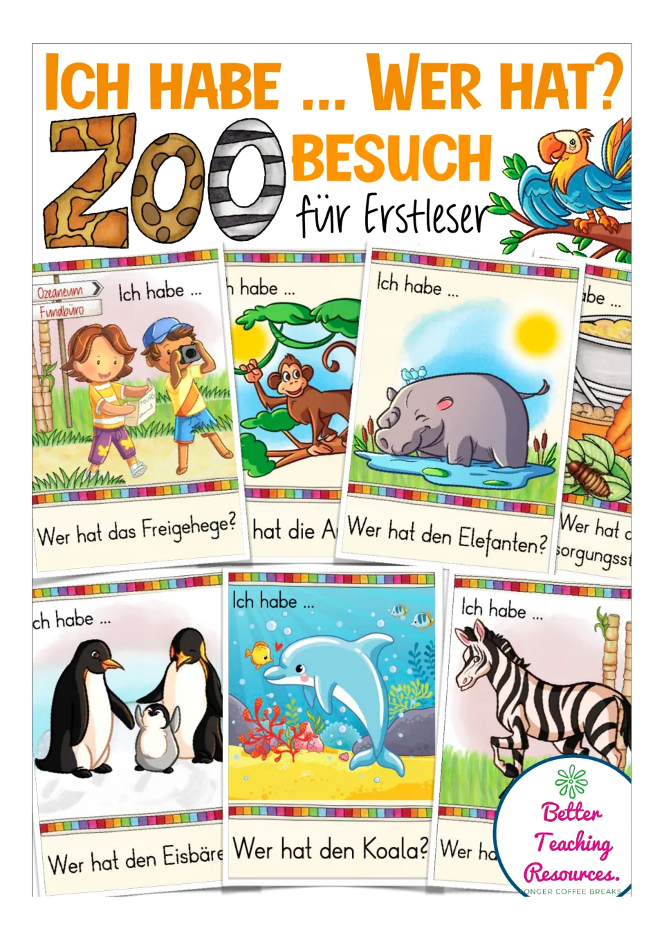 Cover of the German zoo vocabulary game, labeled 'Ich habe ... Wer hat?' (I have ... Who has?), for early readers