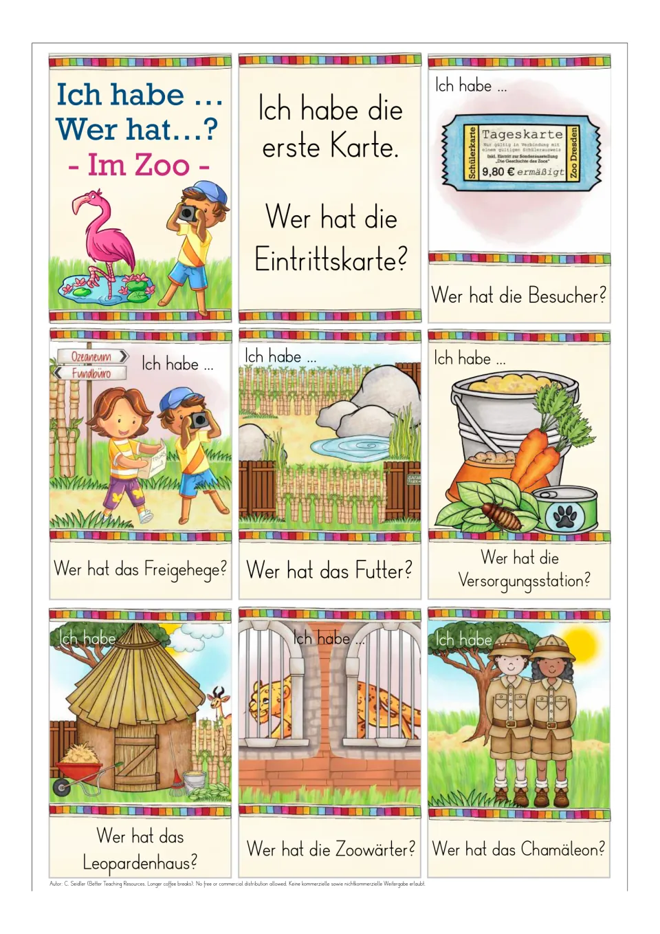 German zoo game cards 1–8: starting card, Eintrittskarte (admission ticket), visitors and five more; title card