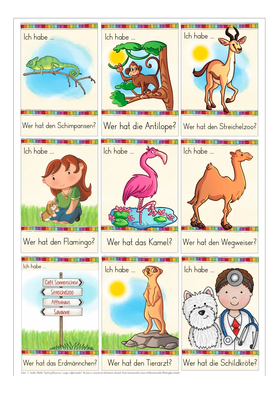 German zoo game cards 9–17: Chamäleon (chameleon), chimpanzee, antelope, petting zoo and five more