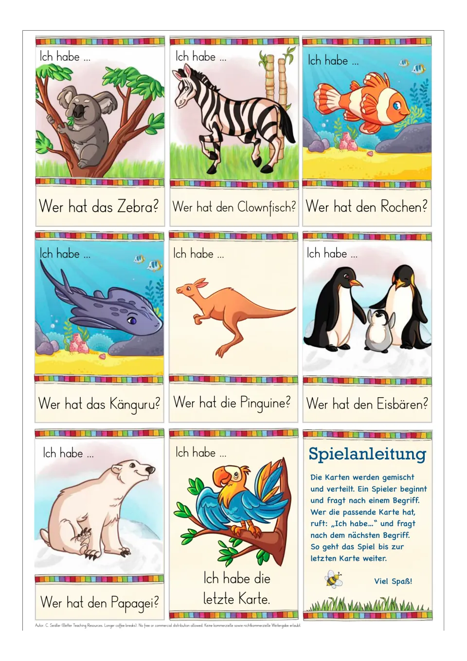 German zoo game cards 27–34: koala, zebra, Clownfisch (clownfish) and five more, plus an instruction card