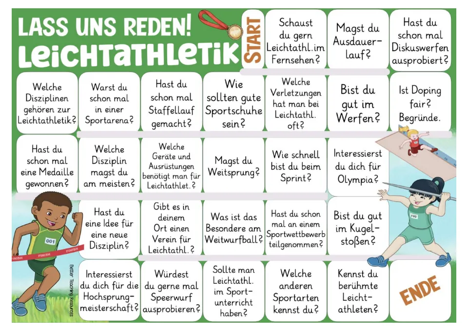 Color German athletics game board with 26 questions about sprinting, throwing, equipment, and other topics