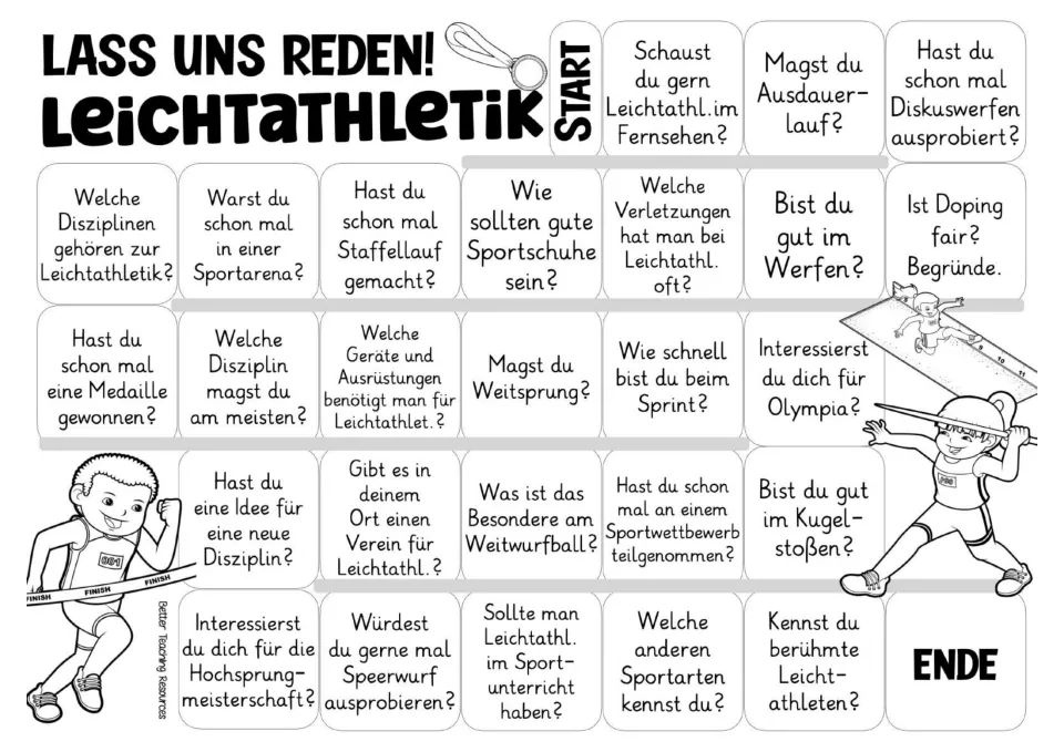 Black-and-white German athletics game board repeating the 26 questions about sports, skills, and opinions