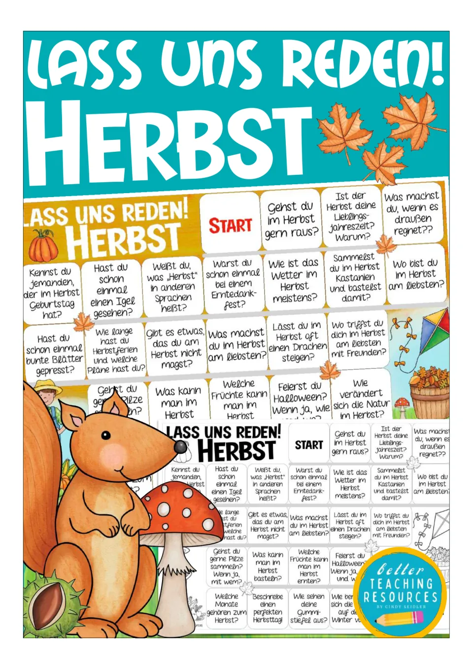 Cover for the German autumn conversation game, titled 'Lass uns reden! Herbst' (Let's talk! Autumn)