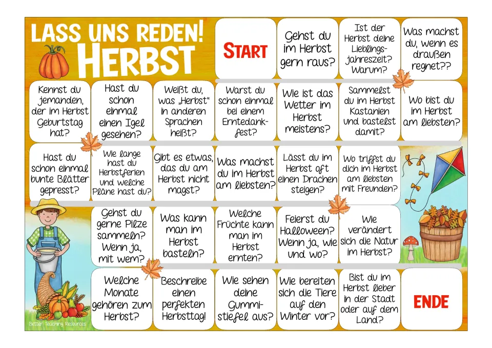 Color German autumn game board: 26 questions about fall weather, activities, harvests, and seasonal changes