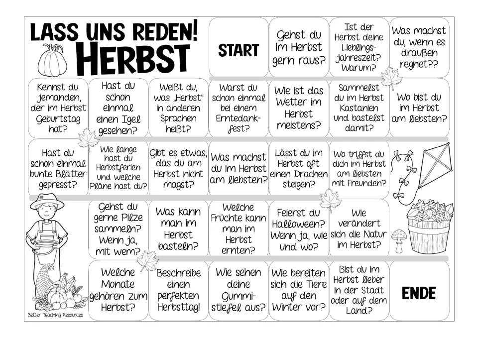 Black-and-white German autumn game board: the same 26 questions about fall weather, activities, and nature