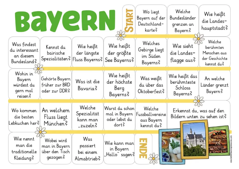 Bavaria game board with German questions about its capital, rivers, foods, Oktoberfest, and traditions