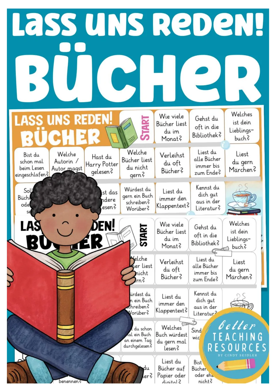 Cover of the German book discussion game: “Lass uns reden! Bücher” (Let's talk! Books), with board previews.