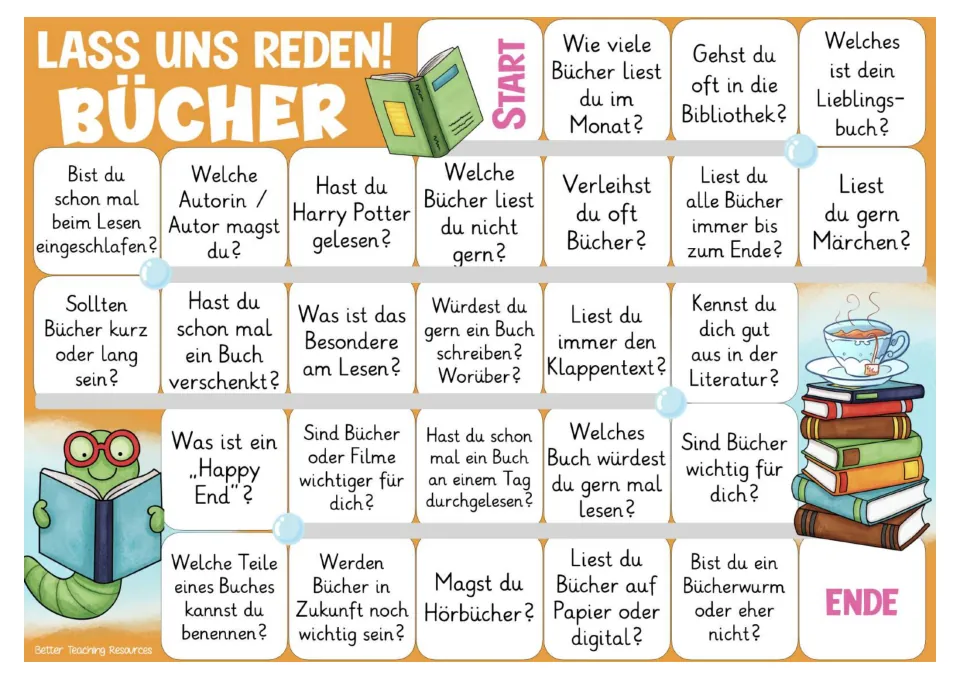Color German game board with 26 questions about books, including favorite books, libraries, and audiobooks.