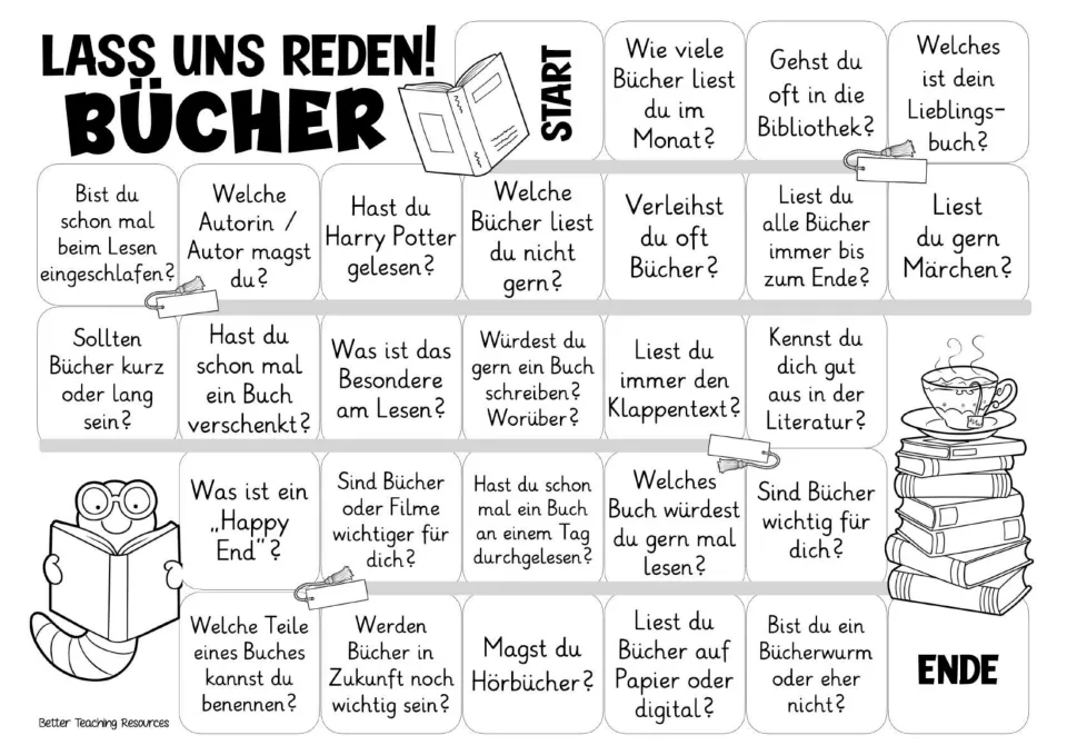 Black-and-white German game board repeating the 26 questions about reading habits, authors, and book formats.