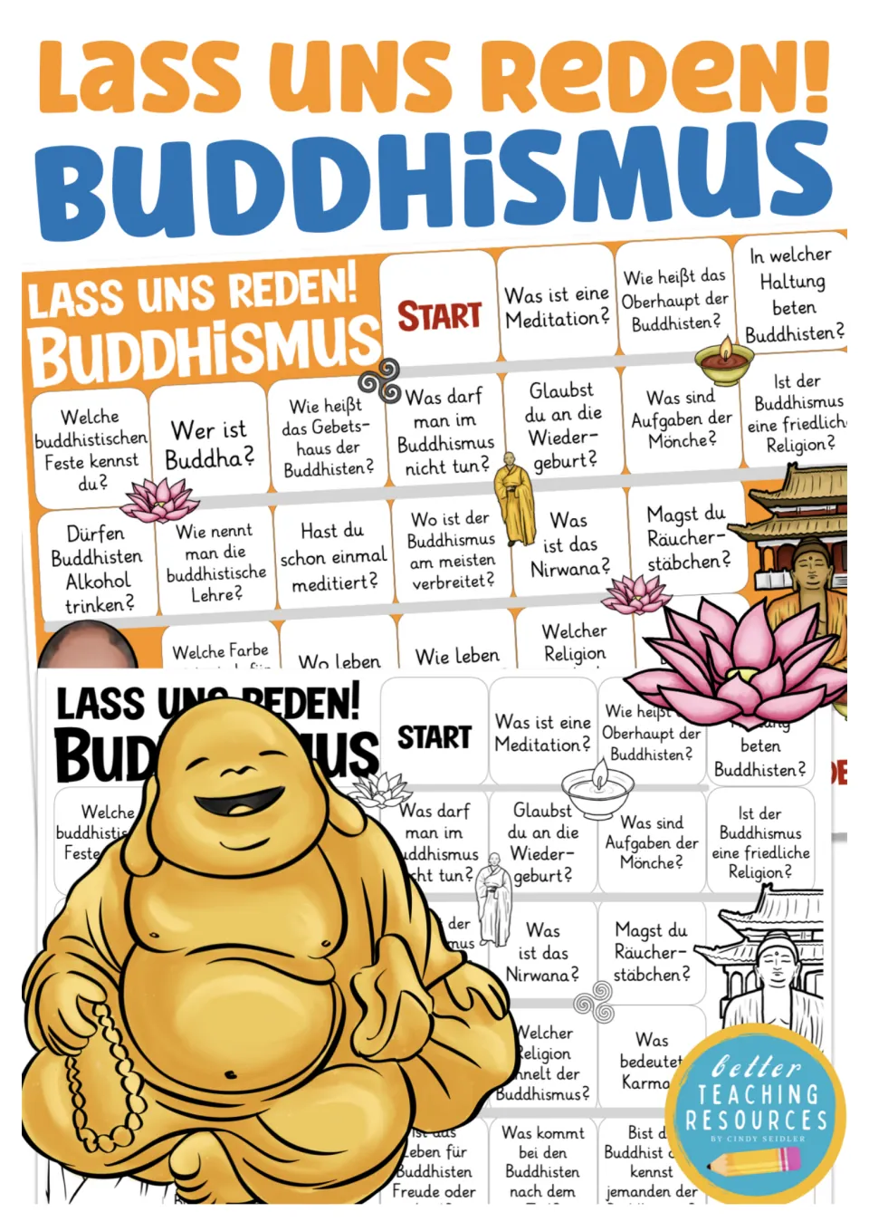 Lass uns reden! Buddhismus cover: color and black-and-white versions of a German question board game with a smiling Buddha