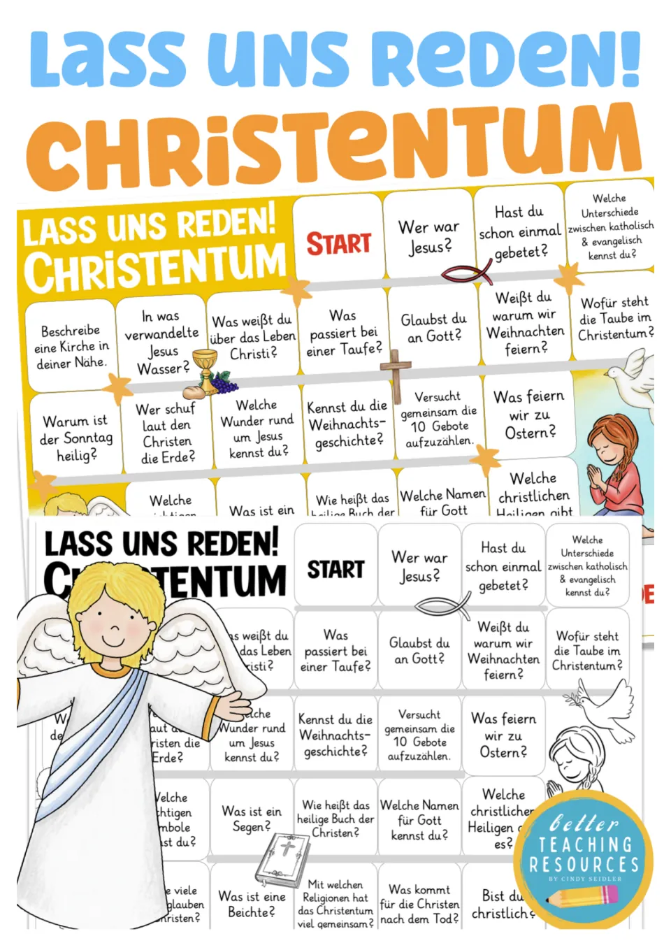Cover for the German Christianity discussion game, showing overlapping color and black-and-white boards