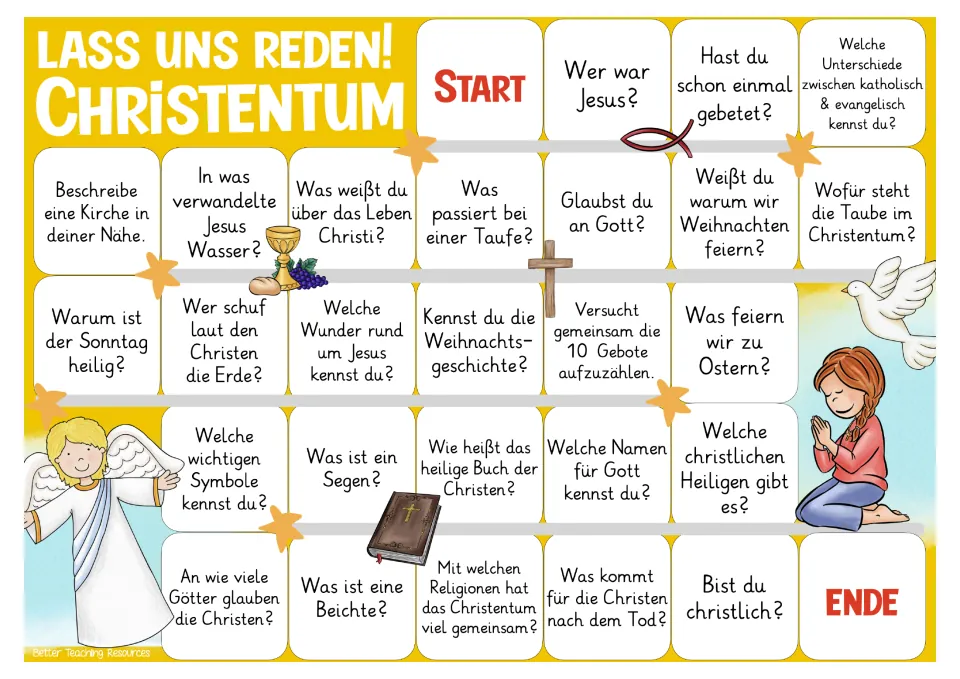 Color German discussion game board with 26 prompts about Christianity, including Jesus, baptism, and prayer