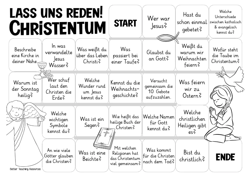 Black-and-white German Christianity game board with the same 26 prompts about faith, holidays, and symbols