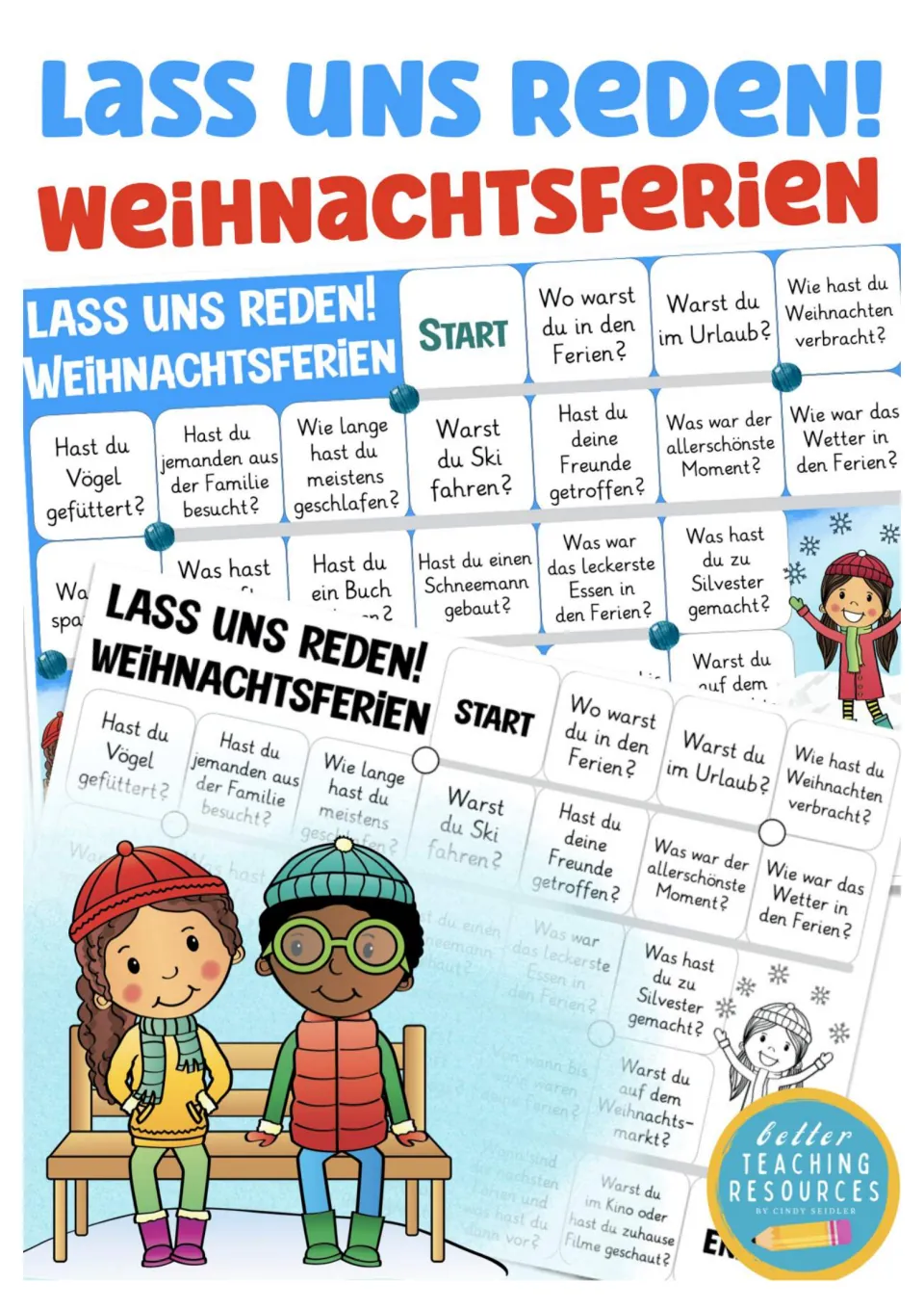 Cover of the German Christmas holidays board game, showing its color and black-and-white versions