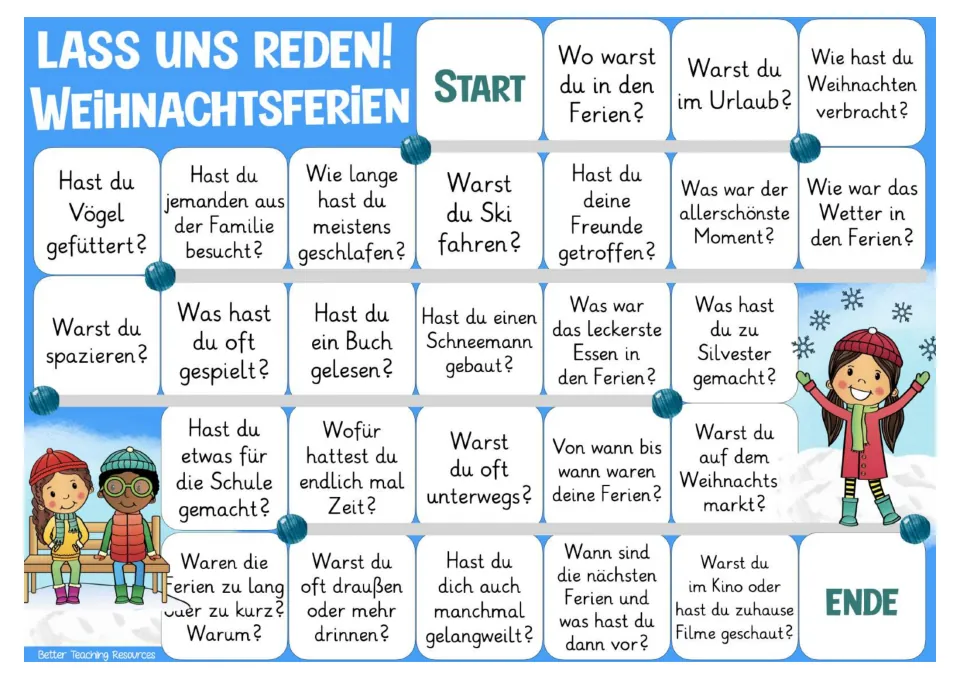 Color German conversation board: questions about Christmas, trips, friends, food, and New Year's Eve