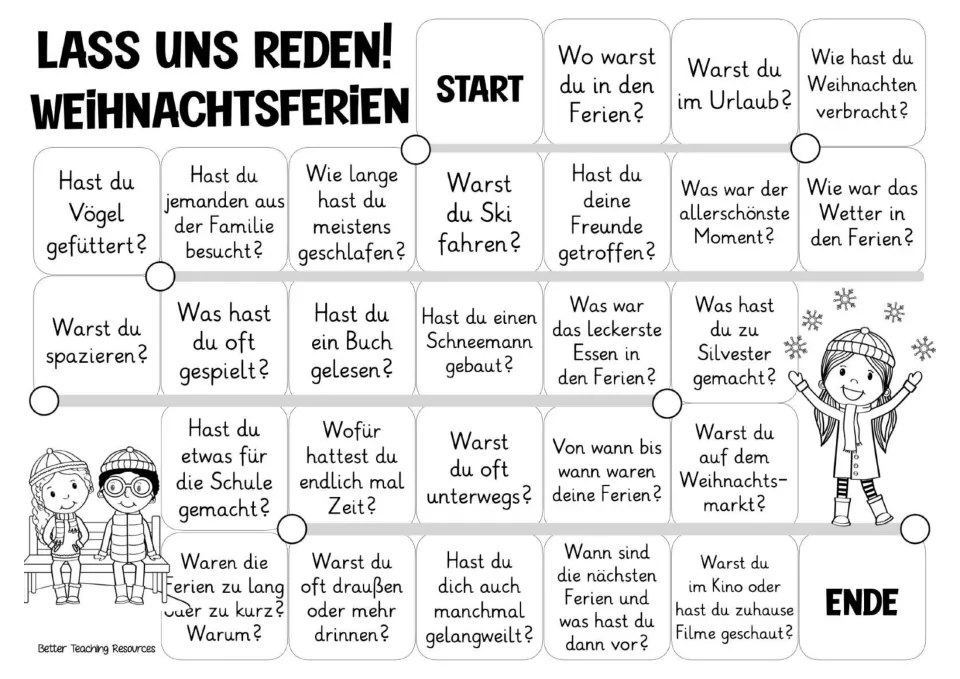 Black-and-white German conversation board: questions about holiday visits, skiing, reading, and the weather