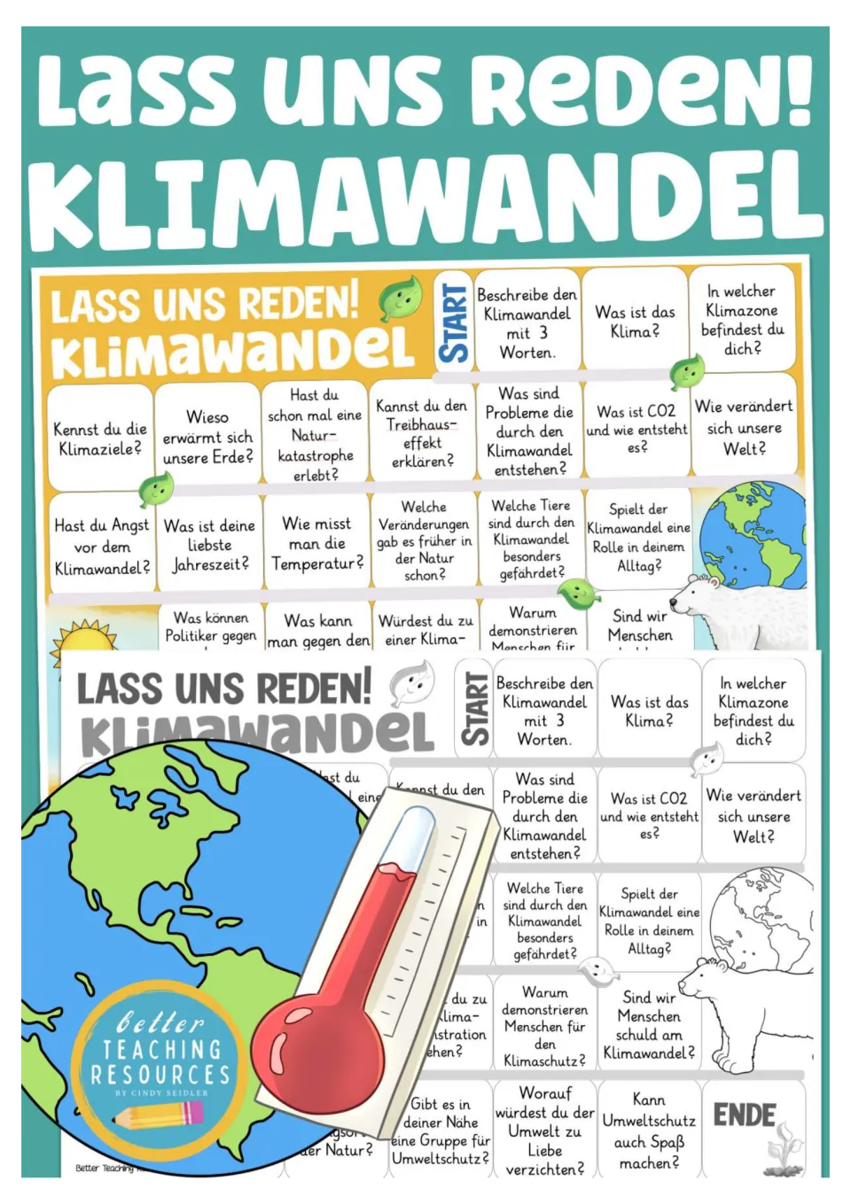 Cover for the German climate change board game, showing previews of its color and black-and-white boards