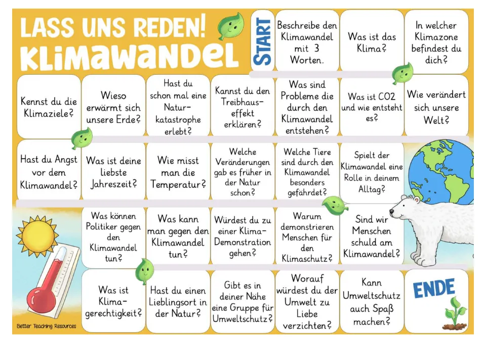Color German game board with 26 prompts about climate change, CO2, endangered animals, and climate action