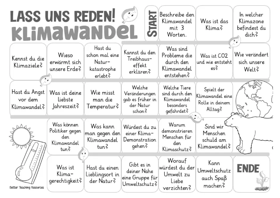 Black-and-white German game board repeating the 26 prompts, including climate zones and climate justice