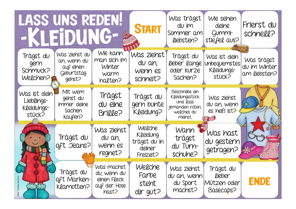 Color clothing board game: players move from Start to Ende answering German questions such as Frierst du schnell?