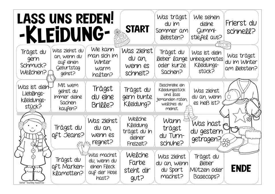 Black-and-white Kleidung board with the same German clothing questions, such as Was ziehst du an, wenn es regnet?