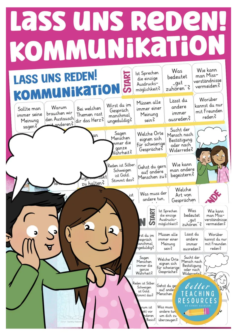 Cover of the German communication board game, titled “Lass uns reden!” (Let's talk!), with board previews