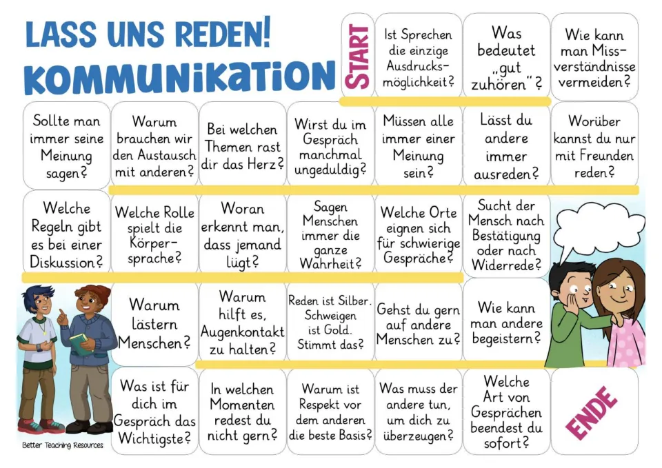 Color German game board with 26 questions about communication, including listening, body language, and respect
