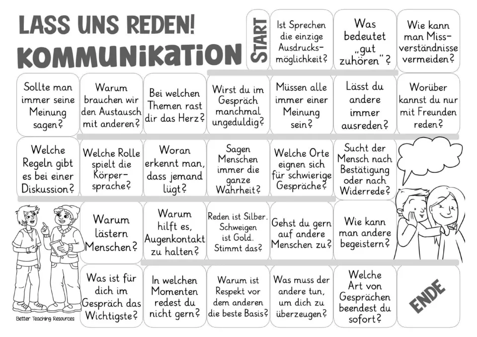 Black-and-white German game board repeating the 26 communication questions about listening, honesty, and respect