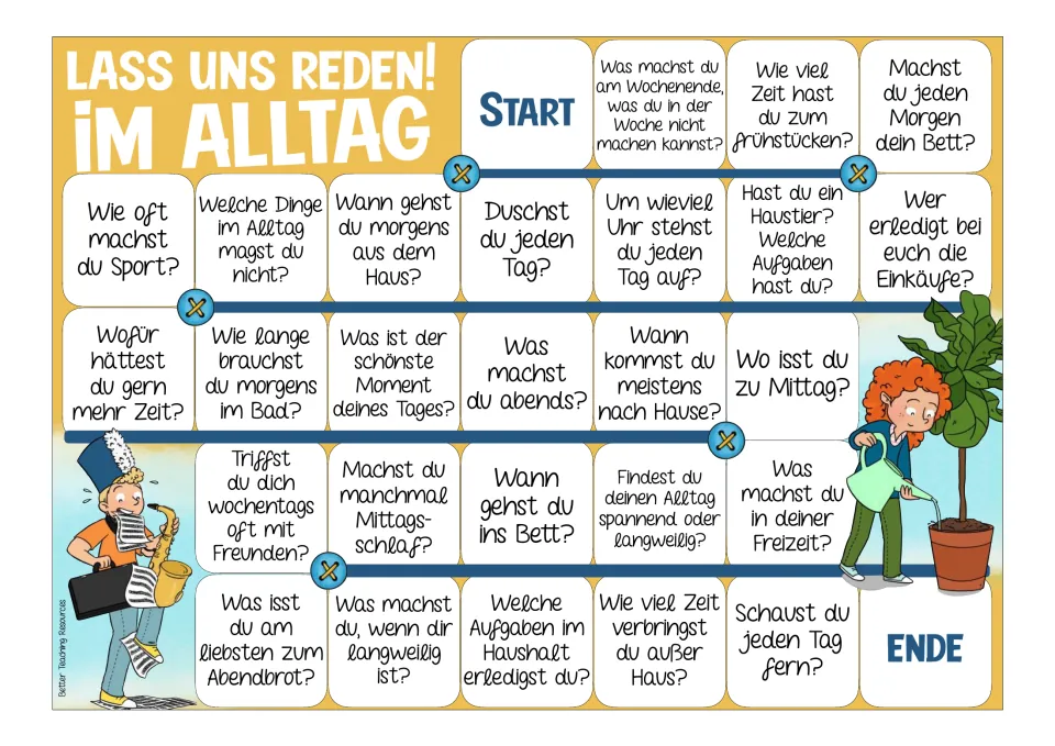 Color German conversation board with 26 daily routine questions about breakfast, chores, bedtime, and free time