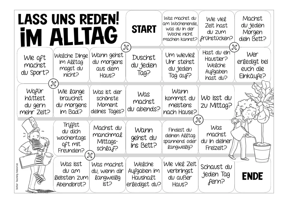 Black-and-white German game board repeating the 26 questions about daily routines, from breakfast to bedtime