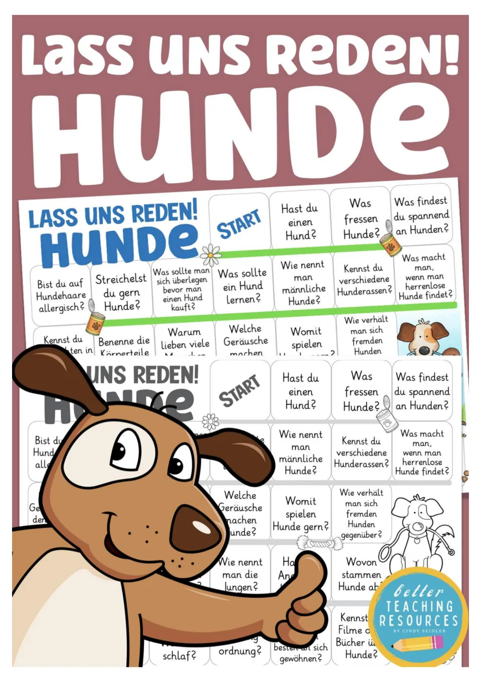 Cover of the German dog conversation game, titled 'Lass uns reden! Hunde' (Let's talk! Dogs), showing both boards