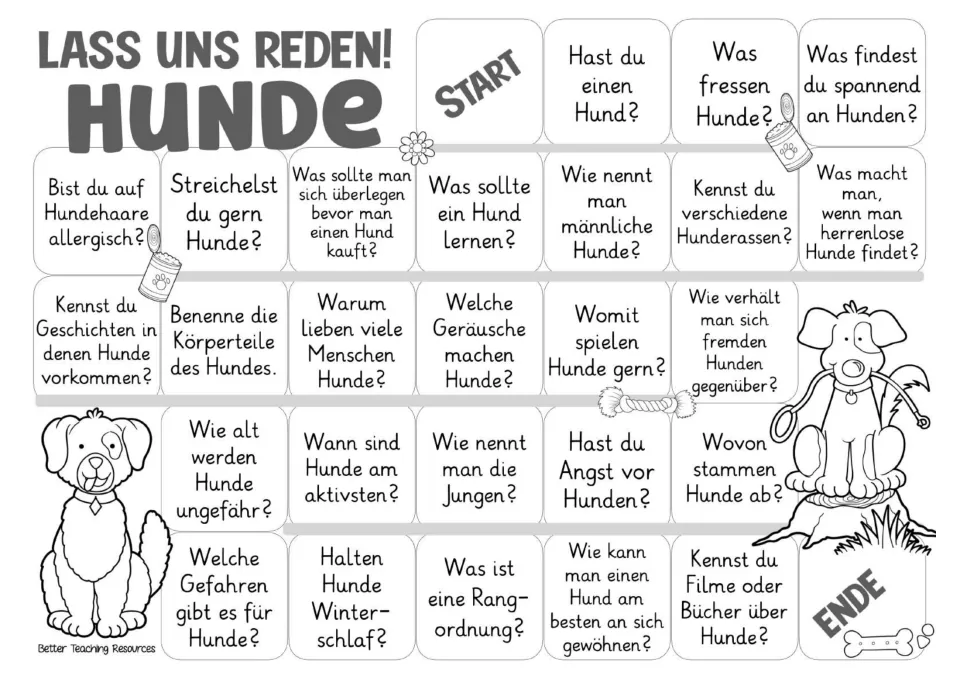 Black-and-white German conversation board repeating 26 dog prompts about ownership, care, fears, and ancestry