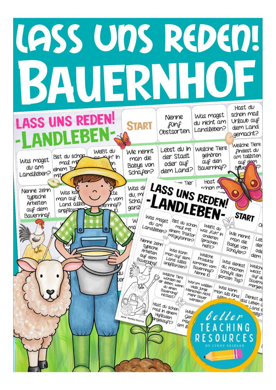 Board game cover titled 'Lass uns reden! Bauernhof' (Let's talk! Farm), showing both game board versions